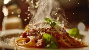 ai generado delicioso espaguetis deleite lleno de vapor marinara salsa y parmesano queso capturado por 50 mm lente foto