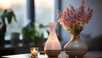 ai generado moderno florero decoración en mesa con Fresco flores adentro generado por ai foto