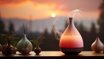 ai generado naturaleza puesta de sol fuego ilumina el amarillo calabaza en el mesa generado por ai foto