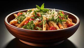 ai generado sano comiendo frescura en un gastrónomo vegetariano pasta ensalada generado por ai foto