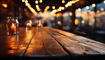 AI generated Wooden table illuminated by glowing lantern in rustic pub generated by AI photo