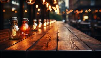 AI generated Rustic bar with old lanterns, glowing glass, and wooden table generated by AI photo