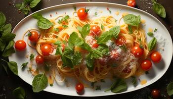 ai generado frescura y sabor en un plato sano italiano vegetariano pasta generado por ai foto