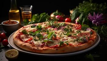AI generated Freshness and flavor on a wooden table, homemade Italian pizza generated by AI photo