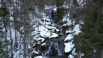 Visão do uma cascata durante inverno. frio e geada dentro a floresta. inverno aventura e caminhada. kozice cascata perto fojnica dentro Bósnia e herzegovina. video