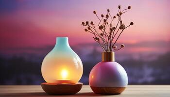 AI generated Aromatherapy candle on wooden table, nature beauty in a bottle generated by AI photo