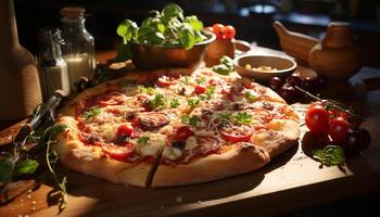 AI generated Freshly baked pizza on wooden table, a gourmet Italian meal generated by AI photo