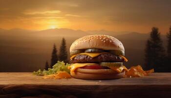 AI generated Grilled beef burger on wooden table, nature unhealthy gourmet generated by AI photo