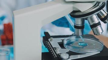 Health care researchers working in life science laboratory. Young female research scientist and senior male supervisor preparing and analyzing microscope slides in research lab. video