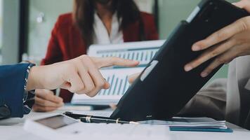 Finance manager meeting discussing company growth project success financial statistics, professional investor working start up project for strategy plan with document, laptop and digital tablet. video