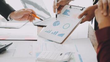 Finance manager meeting discussing company growth project success financial statistics, professional investor working start up project for strategy plan with document, laptop and digital tablet. video