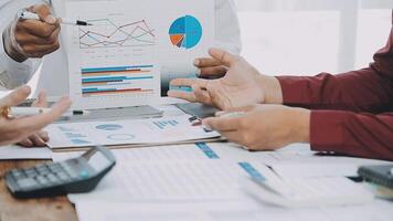 Finance manager meeting discussing company growth project success financial statistics, professional investor working start up project for strategy plan with document, laptop and digital tablet. video
