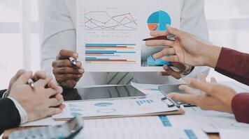 Finance manager meeting discussing company growth project success financial statistics, professional investor working start up project for strategy plan with document, laptop and digital tablet. video