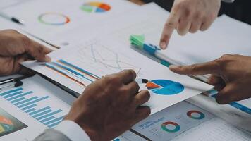 Finance manager meeting discussing company growth project success financial statistics, professional investor working start up project for strategy plan with document, laptop and digital tablet. video
