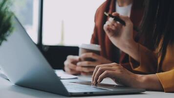 Finance manager meeting discussing company growth project success financial statistics, professional investor working start up project for strategy plan with document, laptop and digital tablet. video