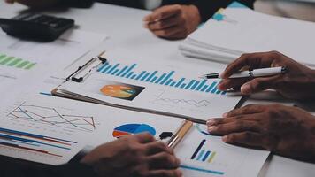 Finance manager meeting discussing company growth project success financial statistics, professional investor working start up project for strategy plan with document, laptop and digital tablet. video
