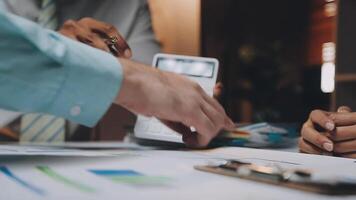 Finance manager meeting discussing company growth project success financial statistics, professional investor working start up project for strategy plan with document, laptop and digital tablet. video