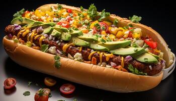 AI generated Grilled beef sandwich with fresh vegetables, served on a plate generated by AI photo