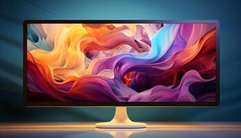 AI generated Futuristic computer monitor displays abstract liquid patterns in vibrant colors generated by AI photo