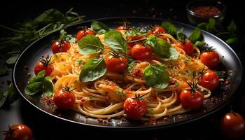 AI generated Fresh, healthy vegetarian pasta meal on wooden plate with tomato generated by AI photo