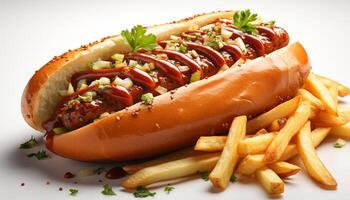 AI generated Grilled hot dog with fries, ketchup unhealthy American lunch generated by AI photo