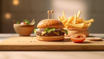 ai generado gastrónomo hamburguesa comida carne de res, queso, papas fritas, tomate, A la parrilla en madera generado por ai foto