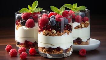 AI generated Freshness and sweetness in a gourmet raspberry dessert with yogurt generated by AI photo