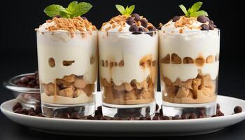 AI generated Homemade dessert layered tiramisu with chocolate, fruit, and whipped cream generated by AI photo