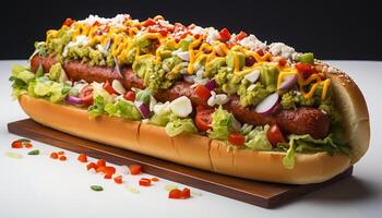 AI generated Grilled gourmet hot dog with fresh tomato and onion generated by AI photo