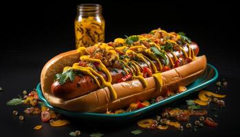 AI generated Grilled beef, hot dog, and pork on picnic table generated by AI photo