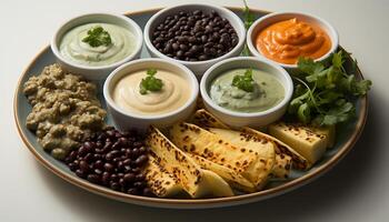 AI generated Fresh guacamole dip with cilantro, spice, and savory vegetables generated by AI photo