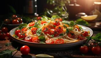 AI generated Fresh tomato salad on wooden plate, healthy homemade Italian meal generated by AI photo