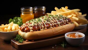 AI generated Grilled meat, hot dog, French fries, ketchup unhealthy lunch generated by AI photo