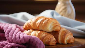 AI generated Freshly baked croissant on wooden table, a delicious French snack generated by AI photo