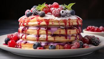 AI generated Homemade pancake stack with fresh berries, chocolate, and whipped cream generated by AI photo