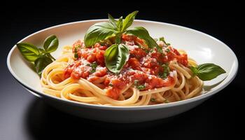 ai generado sano comiendo vegetariano pasta con Fresco tomate y hierba salsa generado por ai foto