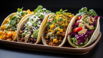 AI generated Homemade beef taco with guacamole, cilantro, and cheddar cheese generated by AI photo