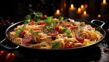 ai generado sano comiendo fresco, cocido pasta con tomate salsa y vegetales generado por ai foto