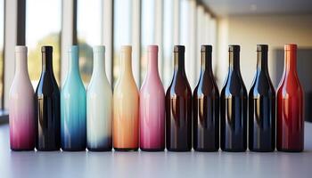 AI generated A vibrant collection of colorful bottles in a row generated by AI photo