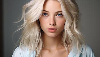 AI generated Beautiful young woman with long blond hair and blue eyes generated by AI photo