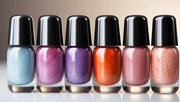 AI generated A collection of shiny, colorful nail polishes for manicures generated by AI photo