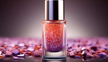 AI generated Luxury beauty product purple perfume bottle, scented elegance generated by AI photo