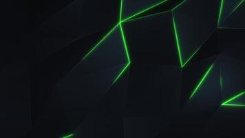 buio futuristico Basso poli superficie sfondo con il dolce movimento di nero poligonale triangolo forme e raggiante verde neon luce. HD e looping tecnologia movimento sfondo animazione. video