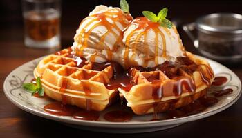 AI generated Freshly baked Belgian waffle topped with sweet syrup generated by AI photo