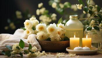 AI generated Freshness and relaxation in nature aromatherapy, a candle flame generated by AI photo