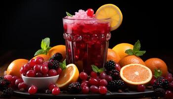 AI generated Fresh fruit cocktail lemon, raspberry, lime, mint, strawberry, blueberry, grape generated by AI photo