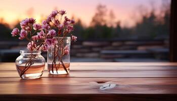 AI generated Summer bouquet on rustic wooden table, nature beauty indoors generated by AI photo