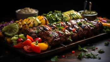 ai generado A la parrilla carne brocheta, Fresco verduras, sano gastrónomo comida al aire libre generado por ai foto