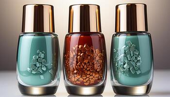 AI generated Beauty product collection glass bottles, shiny, elegant, glamorous, luxurious design generated by AI photo