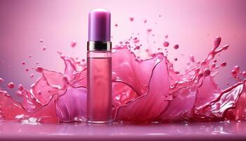 AI generated Pink beauty product bottle with liquid drop on abstract background generated by AI photo